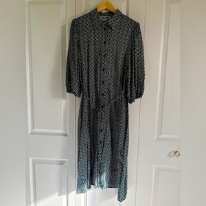 Elegant Green and White Shirt Work Dress- Large